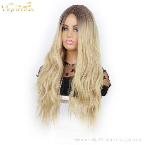 High Quality Wig Good  Private Label Cheap Wholesale Price Natural Wave Ombre Blonde Hair Synthetic Hair Wig With Lace